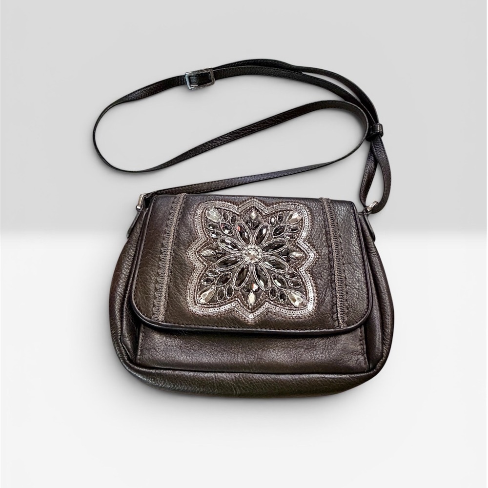 Brighton Dark Gray Leather Beaded Sequin Mandala Crossbody Bag‎ Messenger Purse